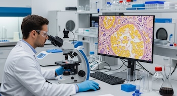 Un investigador observa una muestra en un microscopio, frente a un monitor que muestra tejido adiposo. Varios frascos y tubos de ensayo se ven en la mesa del laboratorio.