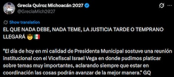 En medio de nuevos señalamientos, Grecia Quiroz asegura que colaborará con las autoridades y confía en que la justicia esclarecerá el caso Carlos Manzo.