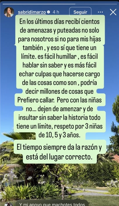 La esposa de Ángel Correa pidió respeto por sus hijas de 10, 5 y 3 años, lanzando el mensaje directo: “Con las niñas no”. (Instagram/@sabridimarzo)