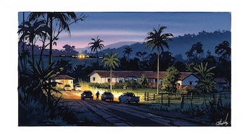 Ilustración en acuarela de una finca rural con casas, vehículos detenidos y personas en un camino de tierra al atardecer. Palmeras y montañas en el fondo.