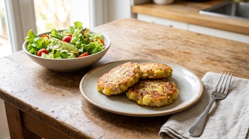 Tres tortitas doradas en un plato junto a un cuenco con ensalada de lechuga y un tenedor sobre una servilleta en una mesa de madera.