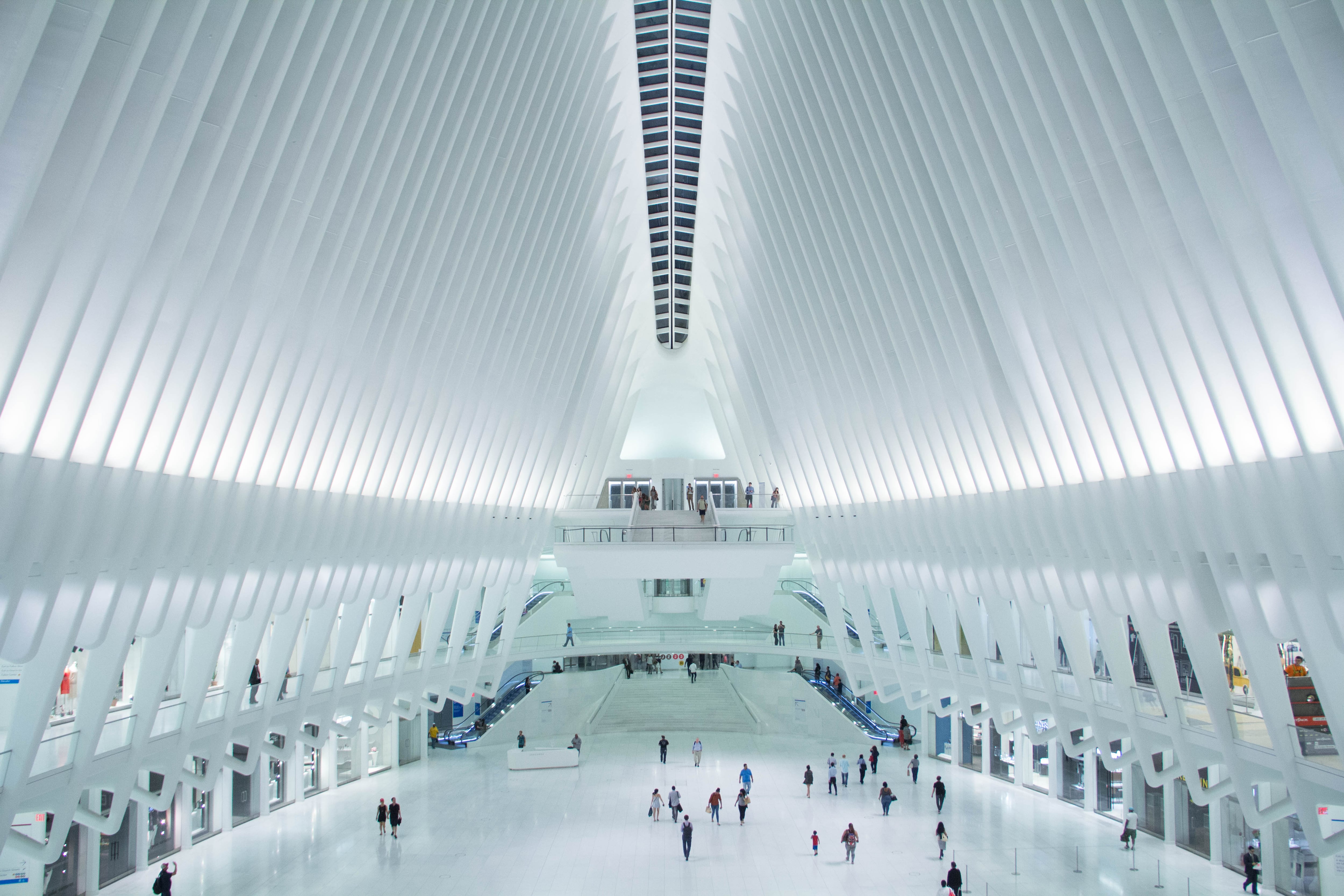 El Oculus conecta los trenes PATH con líneas del metro de Nueva York dentro de una estructura diseñada por Santiago Calatrava, marcada por sus costillas blancas de acero y un gran tragaluz central