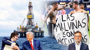 Ilustración estilo acuarela con Javier Milei, Donald Trump, una plataforma petrolera y futbolistas con un cartel sobre las Islas Malvinas.