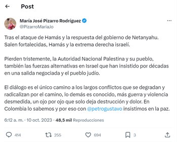 María José Pizarro pidió diálogo entre Israel y Palestina - crédito red social X