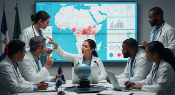 Profesionales de la salud en batas blancas se reúnen alrededor de una mesa con una bandera dominicana, frente a una pantalla mostrando un mapa de África y gráficos.