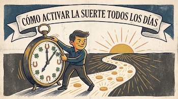 Hombre ilustrado empuja un reloj gigante con tréboles y herraduras. Camino de monedas lleva a sol naciente. Banner dice "CÓMO ACTIVAR LA SUERTE TODOS LOS DÍAS".