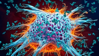 Ilustración digital de una célula zombie porosa azul claro con estructuras internas magenta, extensiones naranjas y partículas teal dispersas sobre un fondo oscuro