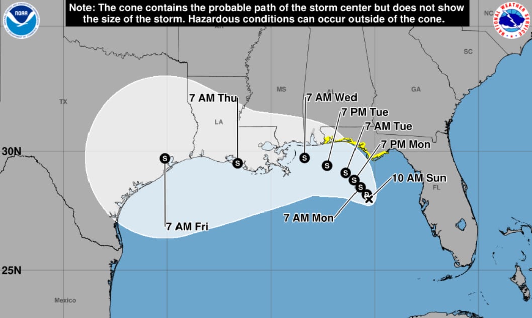 El Centro Nacional de Huracanes emitió una vigilancia de tormenta tropical para parte del Panhandle de Florida entre el río Ochlockonee y la frontera con Alabama (NOAA)