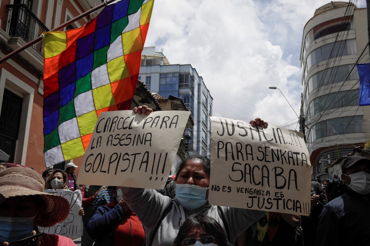 Una mujer levanta letreros contra