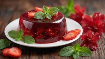 Primer plano de una gelatina de flor de jamaica roja y brillante en un plato blanco, decorada con hojas de menta y rodajas de fresa sobre una mesa de madera.