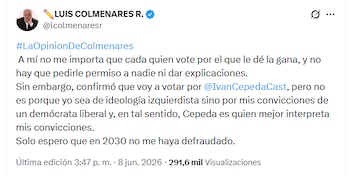 Luis Alonso Colmenares afirmó que cada ciudadano puede votar sin presiones y sin dar explicaciones sobre su decisión electoral - crédito @lcolmenaresr/X