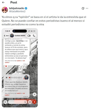 Gala Montes exhibe mensajes con Gustavo Adolfo Infante (X/@GalaMontes2)