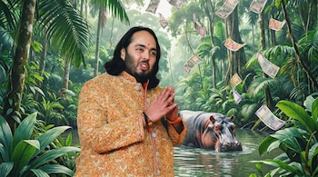 Anant Ambani, en vestimenta tradicional, con las manos juntas, en una selva verde. Billetes de rupias indias caen; un hipopótamo emerge de un río a su espalda.