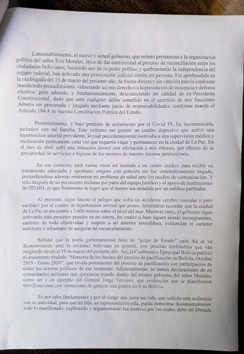 La carta de Jeanine Añez