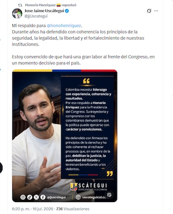 Deputado José Jaime Uscátegui anuncia apoio a Honorio Enríquez para Presidência do Senado - crédito @jjUscategui/X