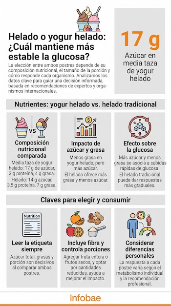 Infografía con texto, gráficos sobre gramos de azúcar, grasa y proteína, e iconos de postres congelados y tabla nutricional.