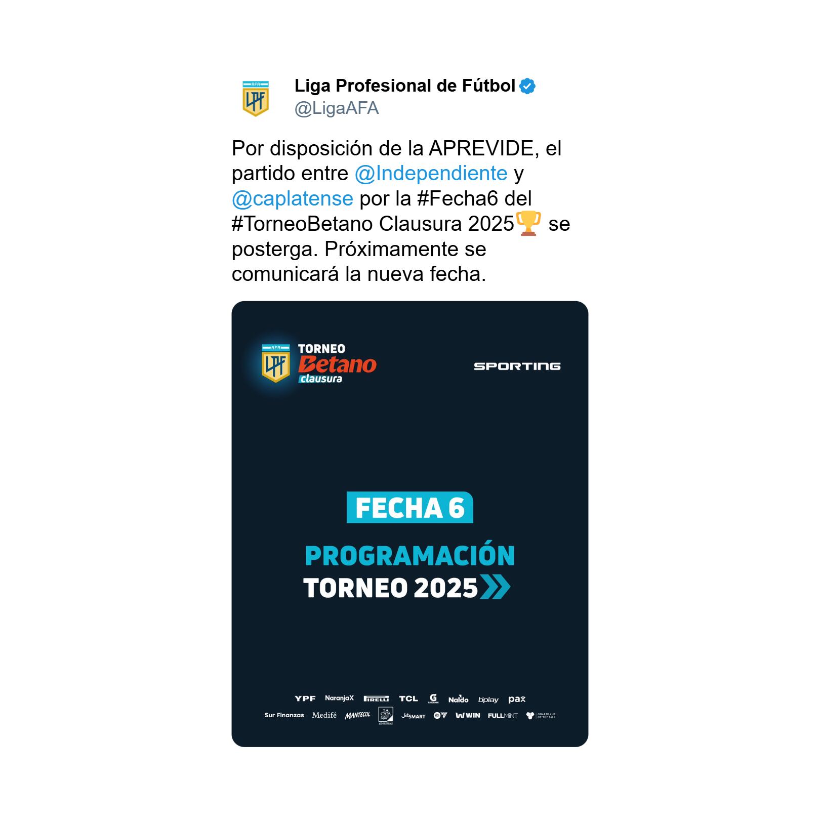 El posteo de la Liga Profesional en el que indica la postergación del partido