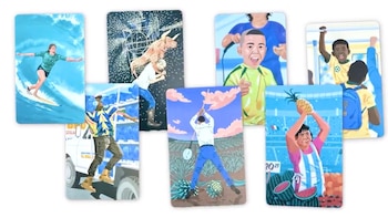 Siete ilustraciones coloridas en tarjetas. Se ven una surfista, un jinete con toro, un niño con corte, un vendedor de piñas, un granjero y niños con camisetas de fútbol