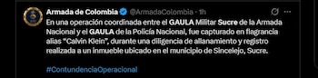 Las autoridades vinculan al detenido con la coordinación de homicidios y el cobro de extorsiones para el grupo criminal Los Norteños - crédito @ArmadaColombia / X