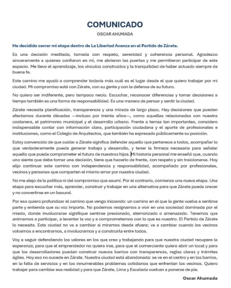 Tras confirmar su alejamiento del partido, Ahumada aclaró que no abandona la política y que trabajará en una alternativa junto a profesionales y vecinos de Zárate, Lima y Escalada