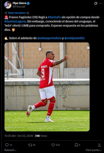 El periodista reveló lo que ofertó Santa Fe por el delantero uruguayo-crédito @PSierraR/X