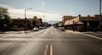 Vista frontal de una larga calle principal con edificios de un piso a cada lado y coches aparcados, bajo un cielo claro con el aire distorsionado por el calor.