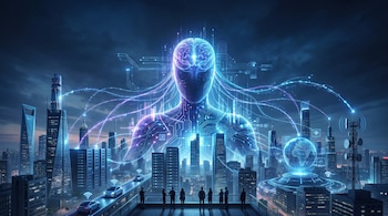 Figura humanoide de luz azul con circuitos sobre una ciudad nocturna, con edificios, vehículos, torre de antenas y siluetas de personas.