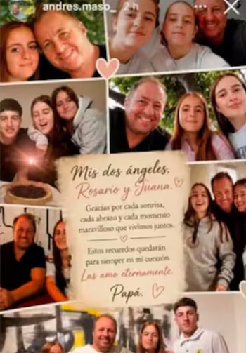Collage de fotografías de un hombre adulto con varios jóvenes, sonriendo. Incluye un mensaje escrito para Rosario y Juana, firmado por 'Papá'