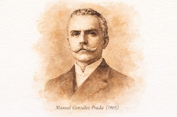 Ilustración en acuarela sepia de un hombre con bigote prominente y cabello corto peinado hacia atrás, vestido con traje oscuro, sobre un fondo acuarelado difuso.
