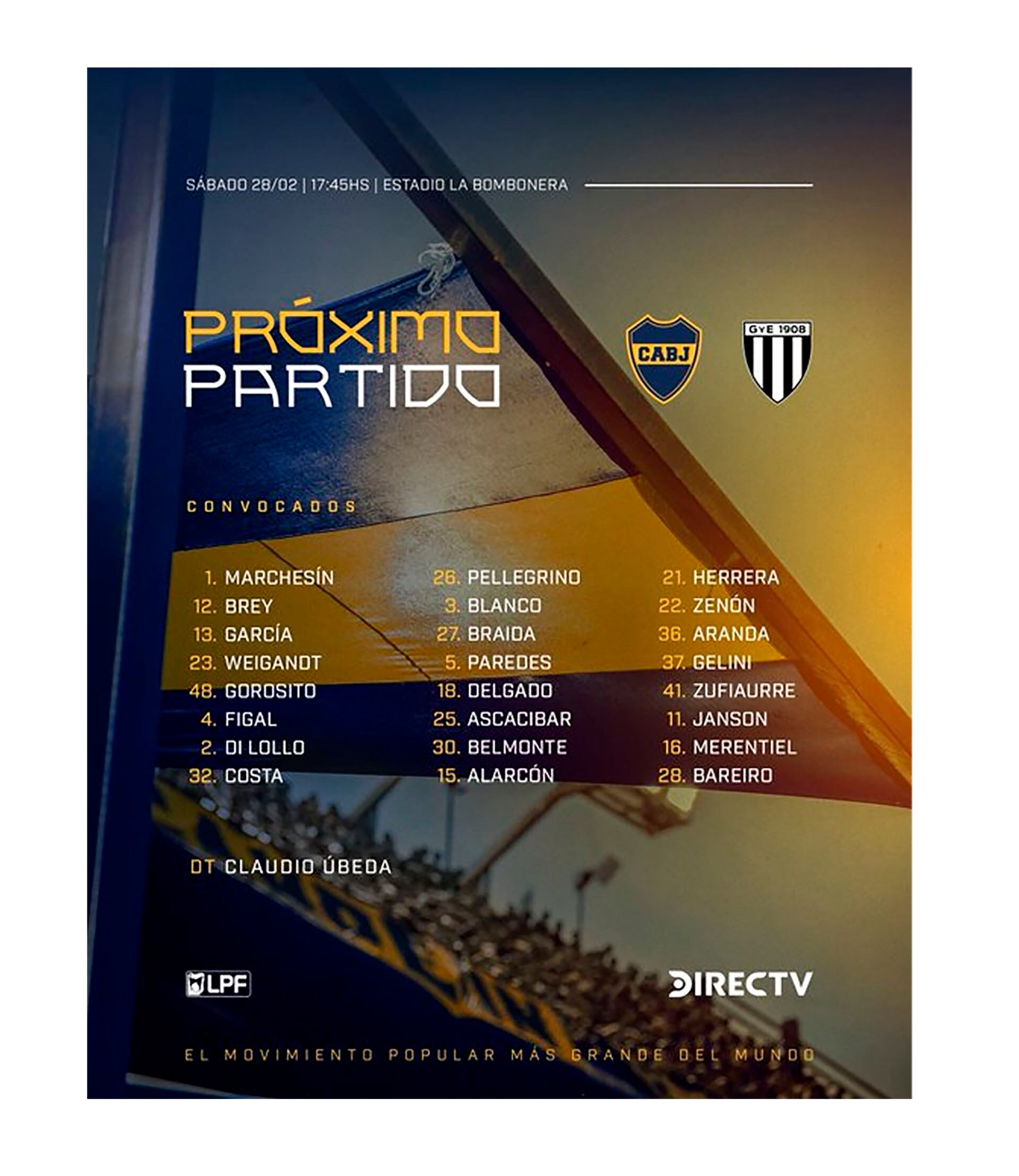 La imagen muestra el listado oficial de jugadores convocados por Boca Juniors, junto con los detalles del próximo partido que se disputará en el Estadio La Bombonera.