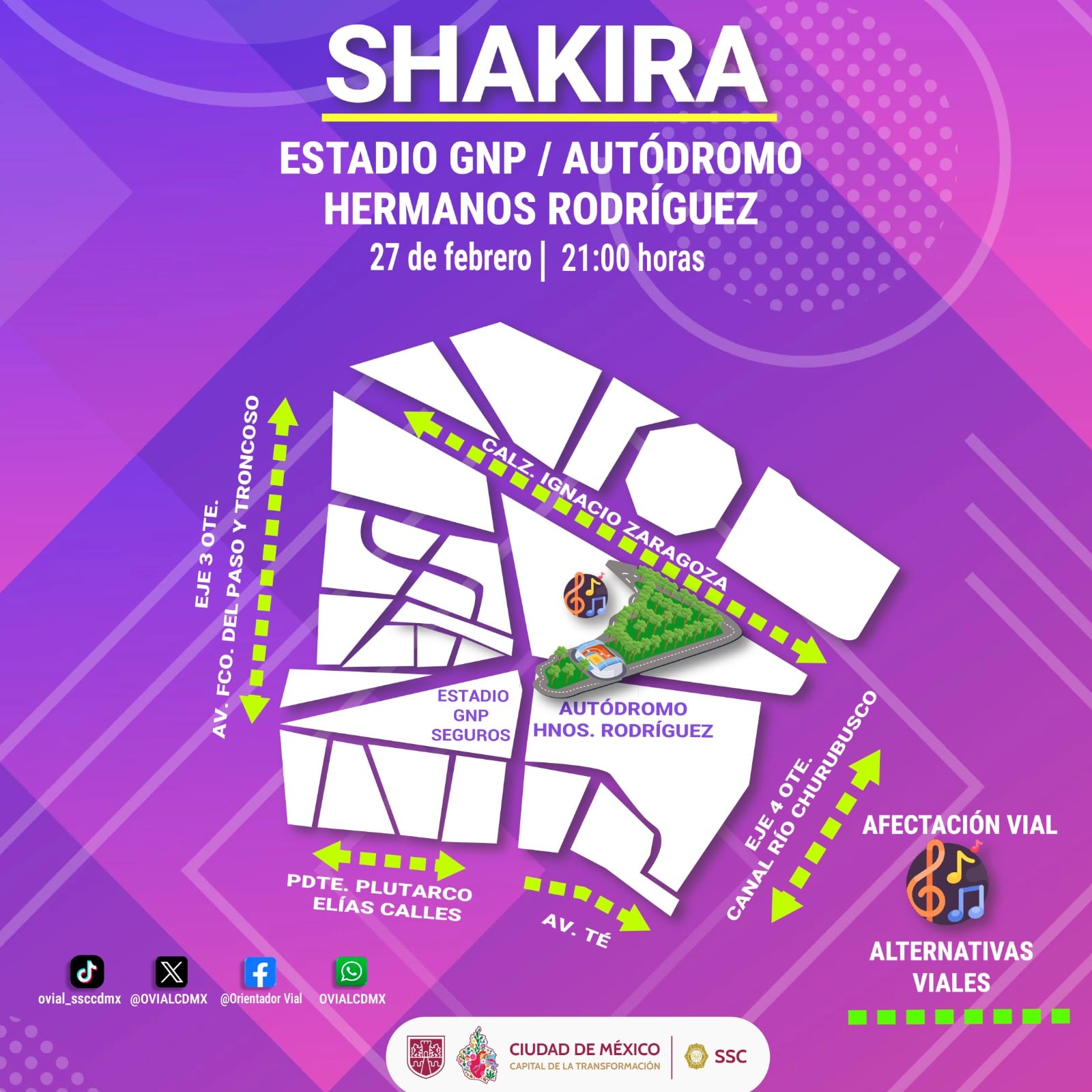 Alternativas viales por concierto de Shakira en el Estadio GNP este viernes 27 de febrero. Foto: X/@OVIALCDMX.