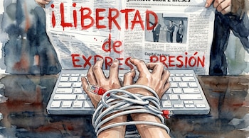 Ilustración de acuarela que muestra manos atadas a un teclado con un cable Ethernet, mientras otras manos sostienen un periódico con 'LIBERTAD de EXPRESIÓN' en rojo.