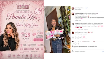 Afiche de invitación rosado y foto de Pamela López sonriendo con cuatro peluches de Hello Kitty; fondo de la foto con edificios de ciudad