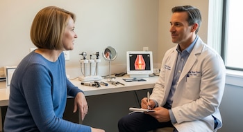 Una mujer sentada frente a un doctor que toma notas. En el escritorio hay instrumentos médicos, un espejo y un monitor con una ilustración de oído.