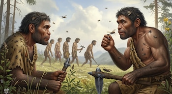 Dos neandertales en primer plano, uno examina un insecto mientras el otro tiene insectos en su vestimenta. Al fondo, Homo sapiens caminan en un entorno prehistórico.