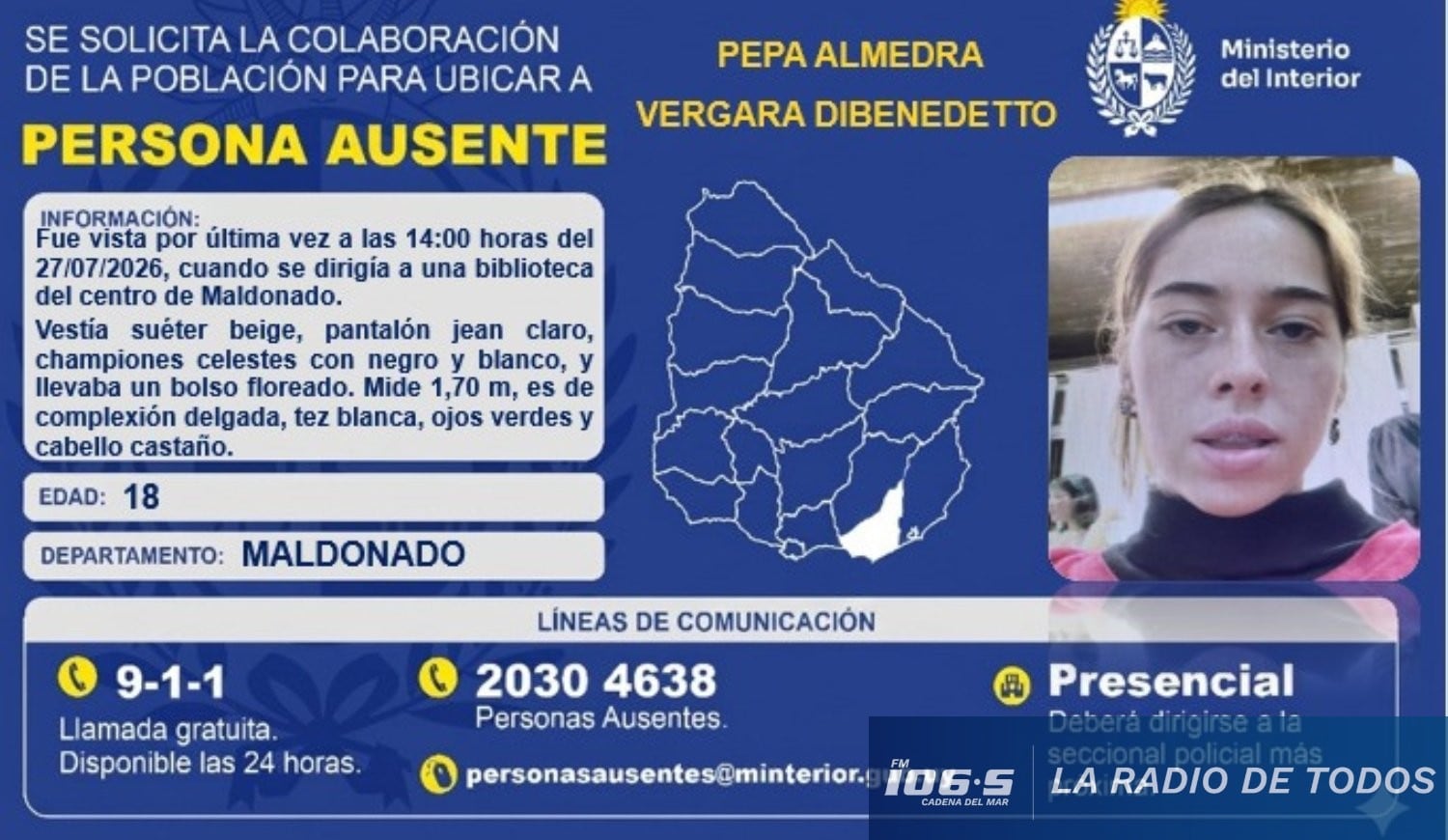 Placa de búsqueda de la joven publicada por el Ministerio del Interior