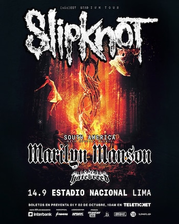 Afiche publicitario con los logotipos de Slipknot, Marilyn Manson y Hatebreed, la fecha 14 de septiembre y el Estadio Nacional de Lima