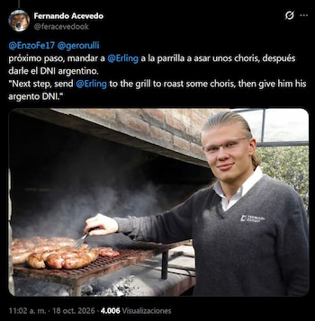 Captura de pantalla de una publicación digital con un montaje del futbolista Erling Haaland con gafas junto a una parrilla con embutidos