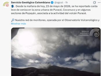 El Servicio Geológico Colombiano confirmó dos emisiones de ceniza durante la jornada, una de ellas a las 8:24 a. m. con una columna que alcanzó 600 metros de altura - cédito SGC / X