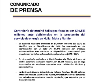 Según el ente, los resultados fueron el reflejo del pago de sanciones, incumplimientos contractuales y fallas en la prestación del servicio - crédito Contraloría General de la República