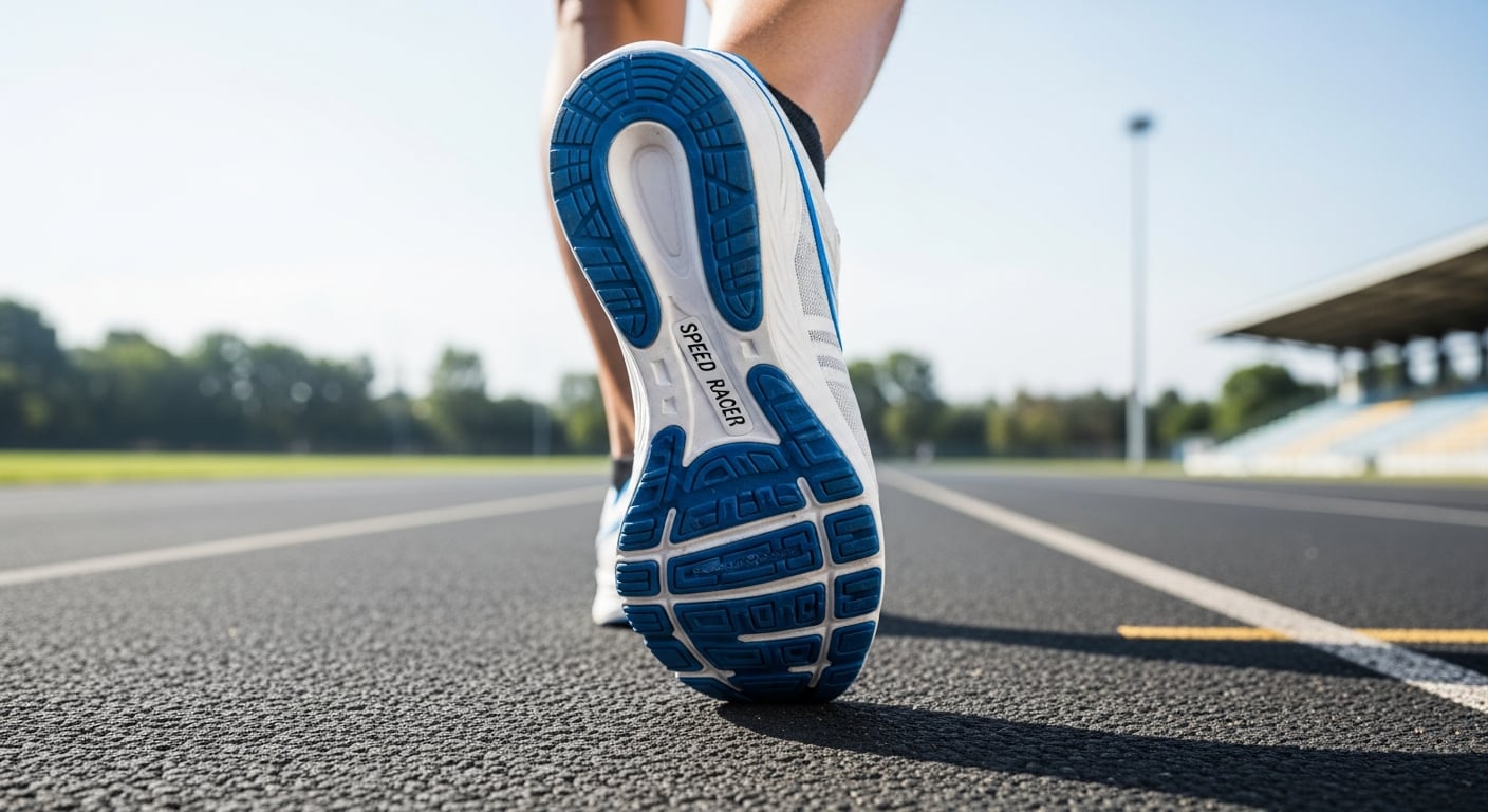 Un corredor avanza en una pista de atletismo, destacando su zapatilla deportiva blanca y azul con suela 'Speed Racer' y tecnología de placa de carbono para un rendimiento optimizado. (Imagen Ilustrativa Infobae)