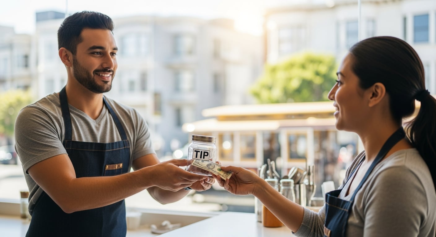Un empleado de servicio en San Francisco recibe una propina, simbolizando el impacto del próximo aumento del salario mínimo de la ciudad a USD 19,61 en julio para trabajadores hispanos y la comunidad. (Imagen Ilustrativa Infobae)