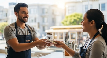 Un hombre con delantal sonríe mientras recibe un billete en un bote de propinas de una mujer, en un entorno de café o restaurante en San Francisco.