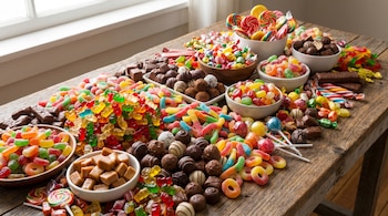 Mesa de madera llena de gomitas de osos, gusanos, aros azucarados, caramelos duros envueltos, piruletas, trufas, barras de chocolate y caramelos de toffee.