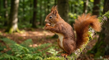Ardilla roja sobre una rama cubierta de musgo que sostiene un fruto seco con las patas delanteras, con fondo de árboles y follaje.