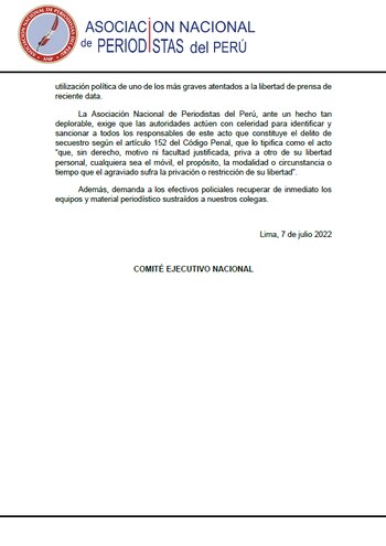 Comunicado Asociación Nacional de Periodistas