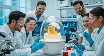 Seis científicos sonríen en un laboratorio, mirando un pollito amarillo que ha eclosionado de un huevo artificial dentro de un incubador transparente.
