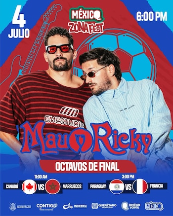 Póster con los artistas Mau y Ricky, los logos de México ZonaFest, una guitarra, un balón de fútbol, fechas de julio y horarios, y partidos de fútbol