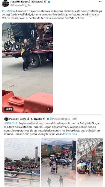Un hombre se sujetó a su bicitaxi para impedir que una grúa se lo llevara en Terreros - crédito @PasaenBogota/X