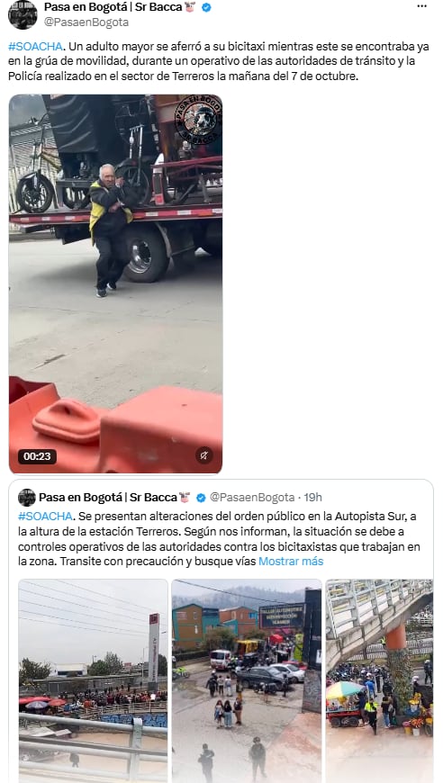 Un hombre se sujetó a su bicitaxi para impedir que una grúa se lo llevara en Terreros - crédito @PasaenBogota/X